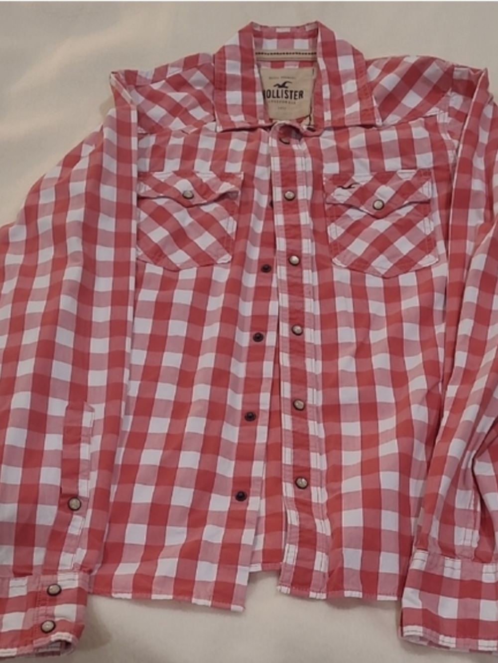 Hollister Red and White Gingham Snap-Front Shirt